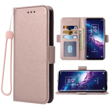 Imagem de Dswteny Compatível com TCL 20 Pro 5G capa carteira alça de pulso cordão e suporte de cartão flip de couro acessórios de celular capa para celular para TCL20Pro G5 TLC 20Pro5G mulheres homens ouro rosa