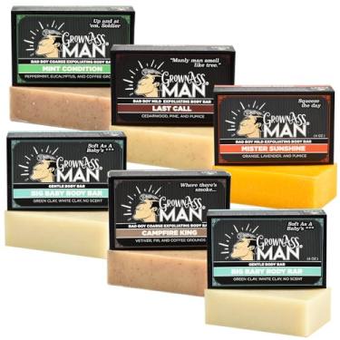 Imagem de Grown Ass Man Co. Barras esfoliantes corporais – Sabonete sólido com espuma rica com óleos naturais e esfoliante suave para homens – Livre de plástico e ecológica, limpeza profunda natural e orgânica para todos os tipos de pele, barra de 118 g (variedade, pacote com 6)