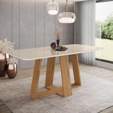 Imagem de Mesa de Jantar para 6 Lugares 1,8m Tampo Mdf e Vidro Canto Arredondado Lins Marrom/Off White
