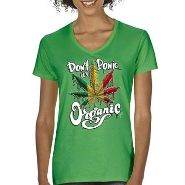 Imagem de Camiseta feminina Don't Panic It's Organic gola V 420 Weed Pot Leaf Smoking Marijuana Legalize Cannabis Stoner Pothead Tee, Verde, M