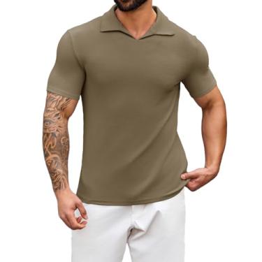 Imagem de Runcati Camisa polo masculina gola V manga curta malha golfe camiseta casual treino, Caqui, G