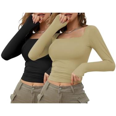 Imagem de VVK Camisetas femininas de manga comprida primavera 2024 camisetas básicas modernas sexy com forro duplo Y2K, 2 - preto + amarelo empoeirado, PP