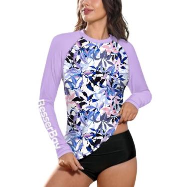 Imagem de BesserBay Camiseta feminina de manga comprida com proteção solar UV Rashguard, Roxo e rosa | Folhas, M