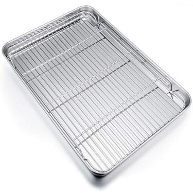 Imagem de P&P CHEF Assadeira de 40 cm com conjunto de rack, bandeja de aço inoxidável com grade de resfriamento para uso no forno, assadeira de cozinha, não tóxica e pode ser lavada na lava-louças, resistente