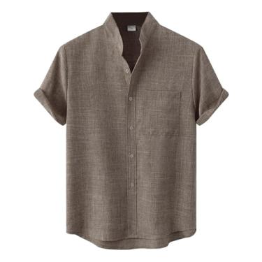 Imagem de Lifup Camisa masculina Henley de linho de algodão com bolso casual abotoada manga curta camisas verão praia, Caqui, M