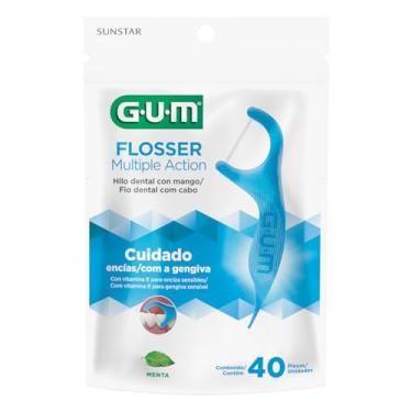 Imagem de Flosser GUM Multipla Ação, Fio Dental com haste, Sabor Menta, 40 unid., Gum, Azul