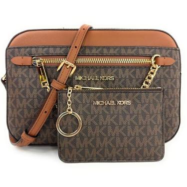 Imagem de Michael Kors Bolsa transversal com logotipo grande Jet Set com bolsa de moedas com logotipo combinando, Marrom