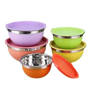 Imagem de Conjunto de 5 Bowls Tigelas de Inox Coloridos com Tampa Plástica Kit
