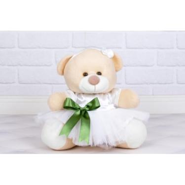 Imagem de PELUCIA URSO TEDDE 15 CM - DAMINHA CETIM BRANCO (DETALHE - VERDE)