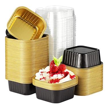 Imagem de EUSOAR Copos de sobremesa com tampas, 142 g, 100 peças descartáveis de alumínio para ramekins de ramequins, formas de assar, conjunto de lata para torta, quiche, lava, pudim, creme de muffin, latas quadradas para lembrancinhas de festa de casamento