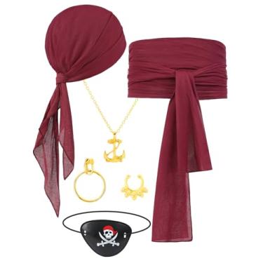 Imagem de Jansun 2 peças acessórios para fantasia de pirata, chapéu de pirata, cachecol de pirata, faixa de cinto, bandana, Vinho tinto, Different Size