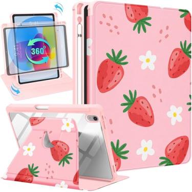 Imagem de Uppuppy Capa para iPad 10ª geração 10,9 polegadas capa fólio com porta-lápis crianças meninas mulheres bonito morango feminino bonito kawaii floral suporte giratório para Apple iPad 10 Gen Cases 2022