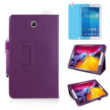 Imagem de Capa de couro fina para Samsung Galaxy Tab 3 de 7,0 polegadas 2013 (SM-T210 T215 P3200), suporte de vários ângulos, capa protetora completa para tablet com caneta Stylus, película de tela (Roxo)
