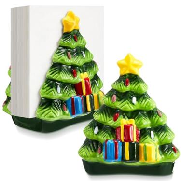 Imagem de FillTouch Pacote com 2 porta-guardanapos de Natal com design de árvore de Natal, dispensador de lenços independente, suporte de guardanapo de cerâmica pintado à mão para decoração de Natal, presente