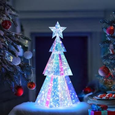 Imagem de Árvore de Natal iridescente prismática de 38 cm, árvore de Natal de mesa com luzes LED, luzes brilhantes coloridas prismáticas, decorações internas de Natal, para meninas e mulheres (homem de neve)