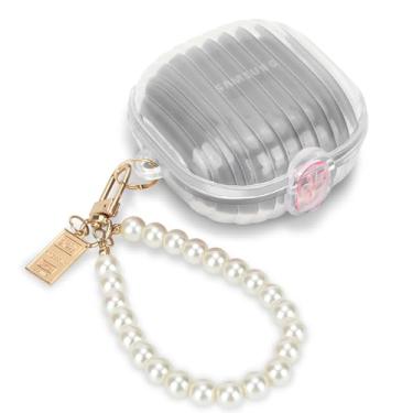 Imagem de CameCosy Capa transparente para Samsung Galaxy Buds 2/Buds 2 Pro/Buds Live/Buds FE com chaveiro de pulseira de pérola, design de bloqueio seguro automático, capa protetora de TPU macio - branco e rosa
