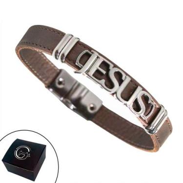 Imagem de Pulseira de Couro Magnética Jesus Slim C/Passador Fé Marrom - GRANADO 