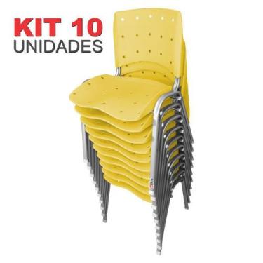 Imagem de Cadeira Empilhável Plástica Amarela Anatômica Base Prata 10 Unidades -