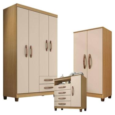 Imagem de Guarda Roupa Solteiro Modena 4 Portas com Cômoda Gaveteira Cannes e Armário Multiuso Recife na cor Carvalho Americano Off White - Incorplac