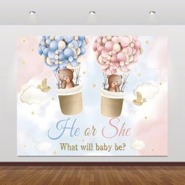 Imagem de hraiufc Pano de fundo revelador de gênero de urso para fotografia de 3 x 2 m, balão quente azul e rosa, para ele ou ela, menino ou menina, pano de fundo para fotos de chá de bebê, decoração de festa,