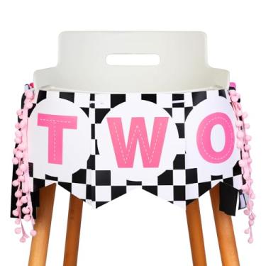 Imagem de JOYMEMO Faixa para cadeira alta de aniversário de dois anos rosa e preto - Decoração de festa de aniversário de 2 anos para meninas, adereços de foto de aniversário de bebê de dois anos, presentes de