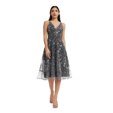 Imagem de Dress the Population Vestido feminino Elisa sem mangas decote profundo justo e flare midi, Aço, P