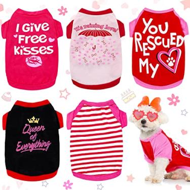 Imagem de 5 peças de camiseta respirável para cães e animais de estimação estampada Dia dos Namorados beijo coração rosa fofo roupas para cães pequenos gatos (pequeno)