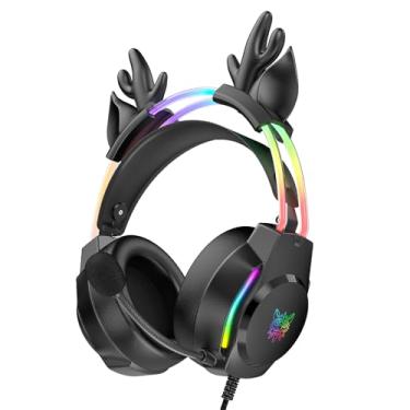 Imagem de ONITOON Fone de ouvido para jogos com microfone, fones de ouvido com orelhas de veado para PC, laptop, PS4, PS5, Xbox Switch, iluminação RGB arco-íris e som surround virtual, fones de ouvido de 3,5