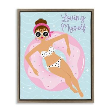 Imagem de Stupell Industries Loving Myself Girl in Pool Tela flutuante emoldurada Design de arte de parede por Ilis Avilés, moldura flutuante marrom, 64 x 78 cm