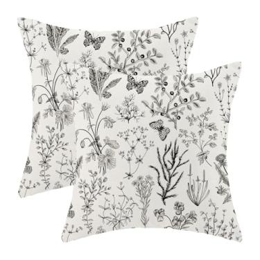 Imagem de AEIOAE Conjunto de 2 capas de almofada de primavera 61 x 61 cm, capa de almofada preta e cinza com flores silvestres, decoração de casa de fazenda, floral, sazonal, ao ar livre, quadrada, decoração de