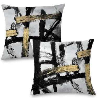 Imagem de Supwhd Conjunto de 2 capas de travesseiro preto e branco, preto e dourado, 45,7 x 45,7 cm, capas de travesseiro modernas pretas e brancas para sofá-cama sala de estar