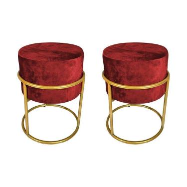 Imagem de Kit 2 Puffs Decorativos Redondo Base De Ferro Dourada Tecido Veludo Marsala Vermelho