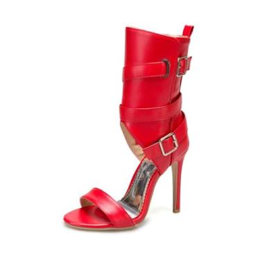 Imagem de UNWRBD Sandálias femininas de cano alto com fivela de cinto de tamanho grande de 10 cm botas de cano curto estilo estilete oco bico aberto romano, Vermelho, US4.5 EU34