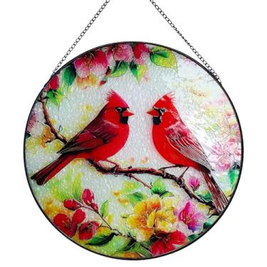 Imagem de FengFaer Apanhador de sol cardeal de 20 cm, pendurado em vitrais cardinais, enfeites para pendurar na janela, arte de parede, painel de vidro pintado à mão, presentes cardeais para mulheres