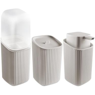 Imagem de Kit Banheiro Porta Escovas + Porta Algodão + Porta Sabonete Líquido (Cinza Claro)