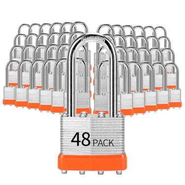 Imagem de HZSY Cadeado com chave de aço laminado (1-9/40.6 cm, 40 mm), fechaduras com chave, embalado com 48, cadeados de manilha longa, aros de plástico laranja, para caixa de ferramentas, armário e unidade de