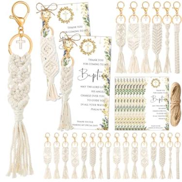 Imagem de Sureio 24 Set Baptism Favor Bulk Boho Macrame Keychain with Cross Crochet Tassel Key Ring Thank You Gift Card Rope for Guest First Communion Baby Shower Christening Birthday Party Supplies Souvenirs