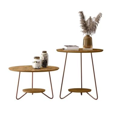 Imagem de Conjunto Kit Mesa Apoio e Centro Liz Sala de Tv Pés de Ferro Decoração Moderno Tampo Redondo (Freijó)