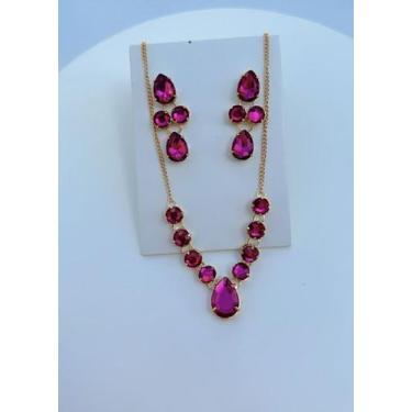 Imagem de Colar e Brinco Princess Rosa Pink Banho de Ouro - Mania de Mulher - Fa