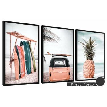 Imagem de Quadros Decorativos Kit 3 Moldura e Vidro Abacaxi Surf Kombi - Belo Qu