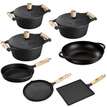 Imagem de Jogo de Panelas 7 Peças em Ferro Fundido e Alça de Madeira Panela Mineira