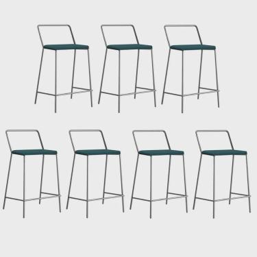 Imagem de Kit 07 Banqueta Alta Com Encosto Mili Industrial Cozinha Bistrô Ferro Prata Sintético Azul Turquesa - Ahz Móveis
