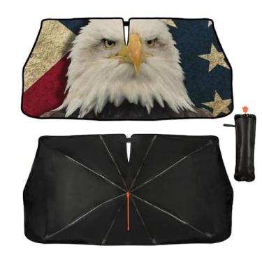 Imagem de Guarda-sol bandeira americana águia para-brisa, capa de proteção solar de carro dobrável atualizada para bloqueio de para-brisa frontal de carro raios UV, adequado para a maioria dos carros