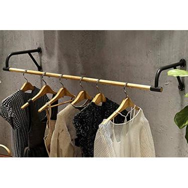 Imagem de CUTPOIY Trilho de roupas de madeira vintage montado na parede, varão de roupas de estilo industrial, suporte de exibição de roupas comerciais, suporte de ferro (tamanho: 120 x 29 x 16 cm) (120 x 29 x