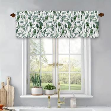 Imagem de Cortina de primavera verão sanefas para janelas tratamento haste bolso janela painel de cortina curta 137.2 cm x 45.7 cm poliéster aquarela fazenda folhas eucalipto saia verde para cozinha, sala de