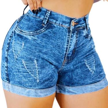 Imagem de Short Jeans Cintura Alta Meia Coxa Levanta Bumbum Lycra Marmorizado - 