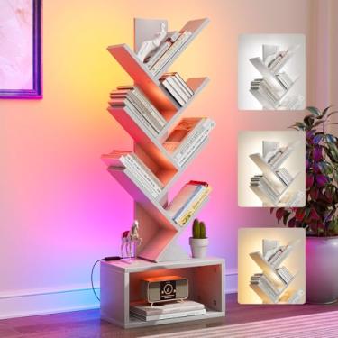 Imagem de Evermagin Estante de árvore de 6 camadas com luzes, estante de livros de LED com organizador de armazenamento, estante de canto pequena para sala de estar, quarto e escritório em casa, branca