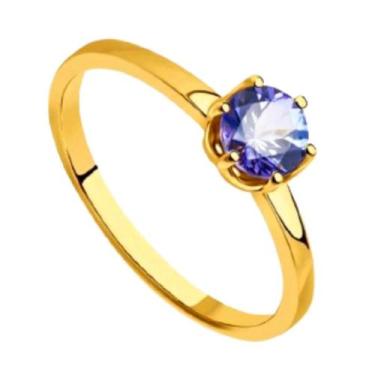 Imagem de Anel Ouro 18k 2mm Solitario Pedra Zirconia Azul Tungstenio Tradicional
