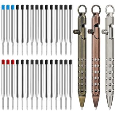 Imagem de Origin-Joy Conjunto de 3 canetas Bolt Action, canetas táticas de bolso EDC de latão sólido de seis bordas com 30 refis esferográficas (preto retrô e vermelho bronze e cinza níquel)