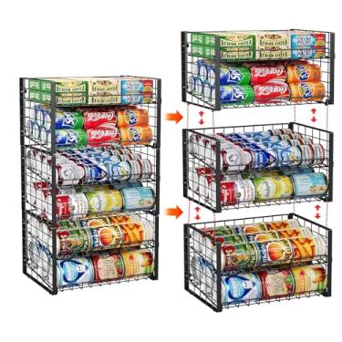 Imagem de Organizador de lata empilhável de 2 camadas para despensa, dispensador de lata ajustável comporta até 90 latas, suporte de armazenamento para várias onças de alimentos enlatados refrigerantes, preto,
